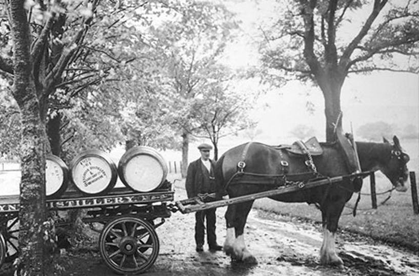 horse and cart with whisky barrels